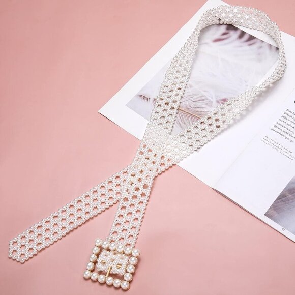 Women’s Pearl Belt Elastic Wedding Sash Crystal Beaded Waist Chain Dress Accesso - Picture 6 of 6